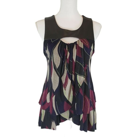 AKIKO Multicolor Sleeveless Size M Layer Blouse Top Leather Trim Open Back Tank - Picture 1 of 10